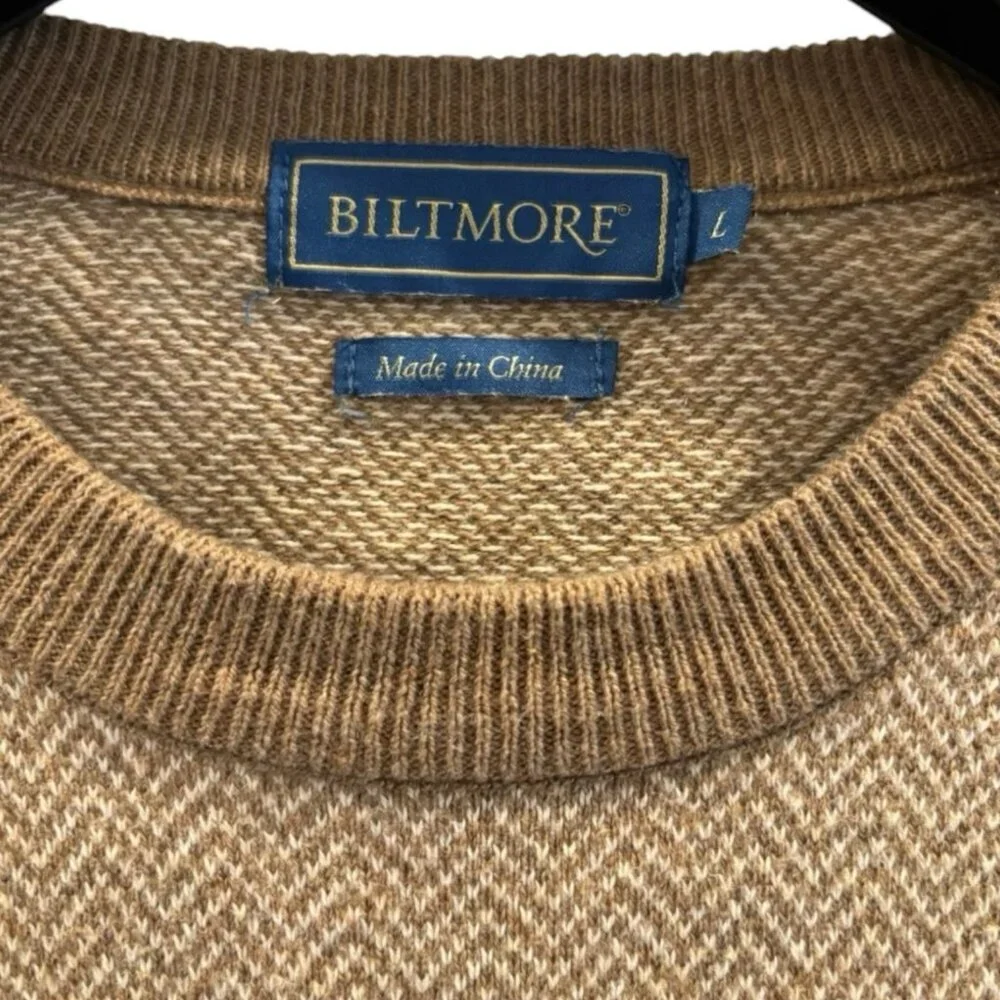 Biltmore Cotton Cashmere Sweater L Brown‎ Herringbone Crewneck 🍂